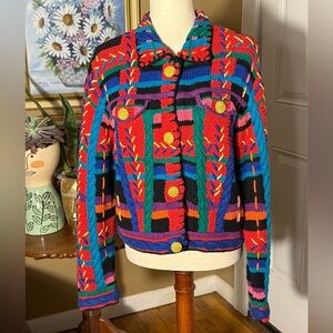 Vintage Michael Simon Colorful Coogi Style Cardigan Cotton Sweater Size L 90s